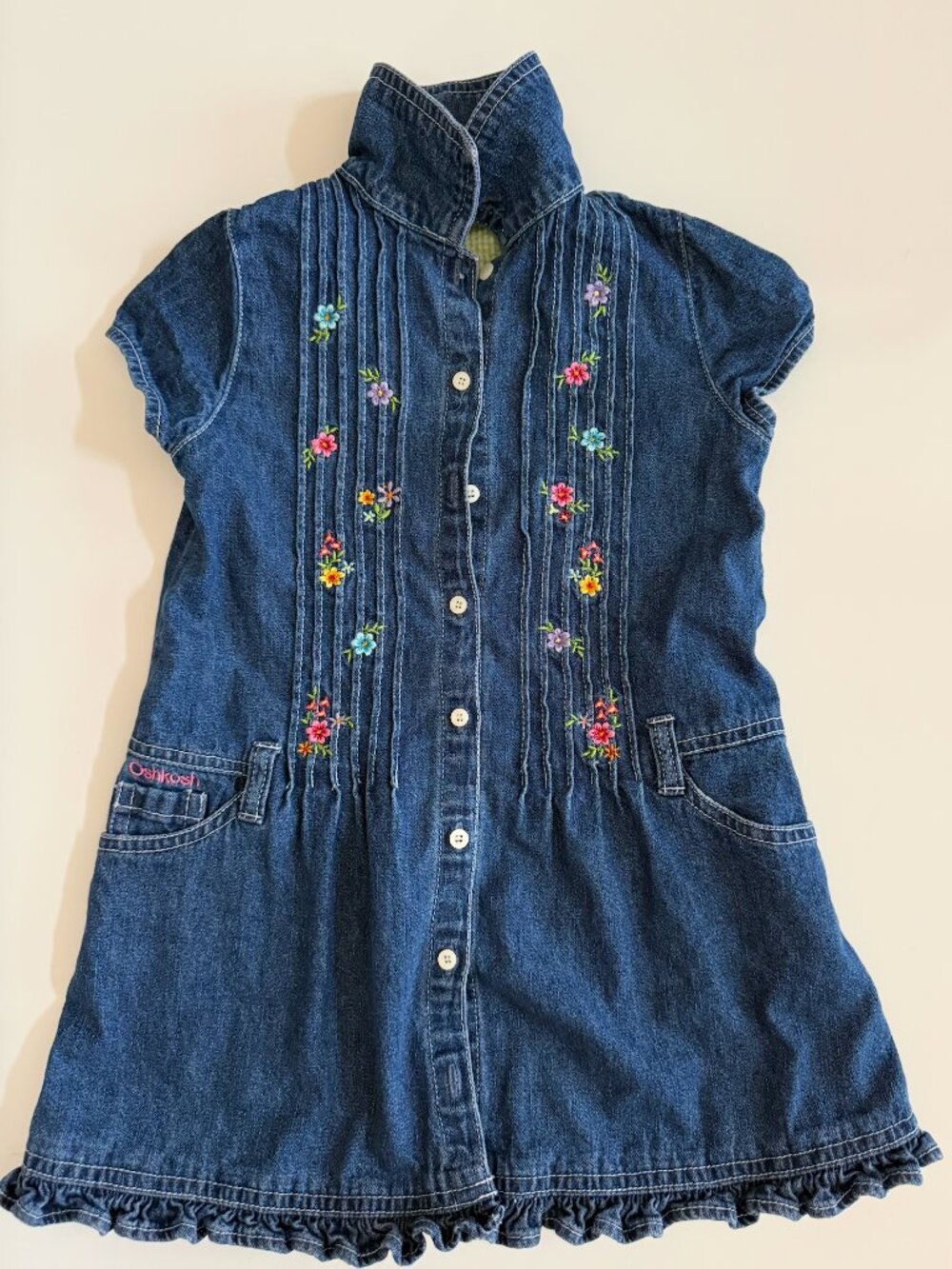 VINTAGE OSHKOSH B'GOSH Girls 4T Embroidered Denim Dress Ruffle Hem Shirt Dress